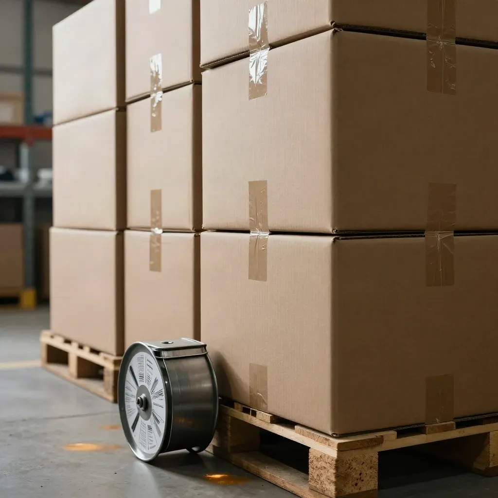 Stacked supply boxes and a metal cash tin in a dusty warehouse aisle, with a label wheel turned away.