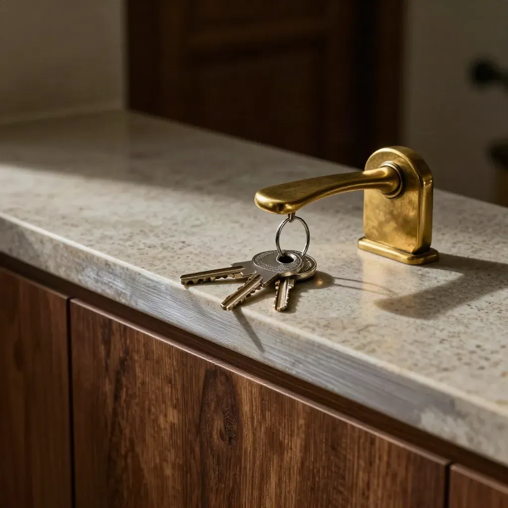 Two house keys and a brass lever on stone, lit cinematically in a moody finance scene.