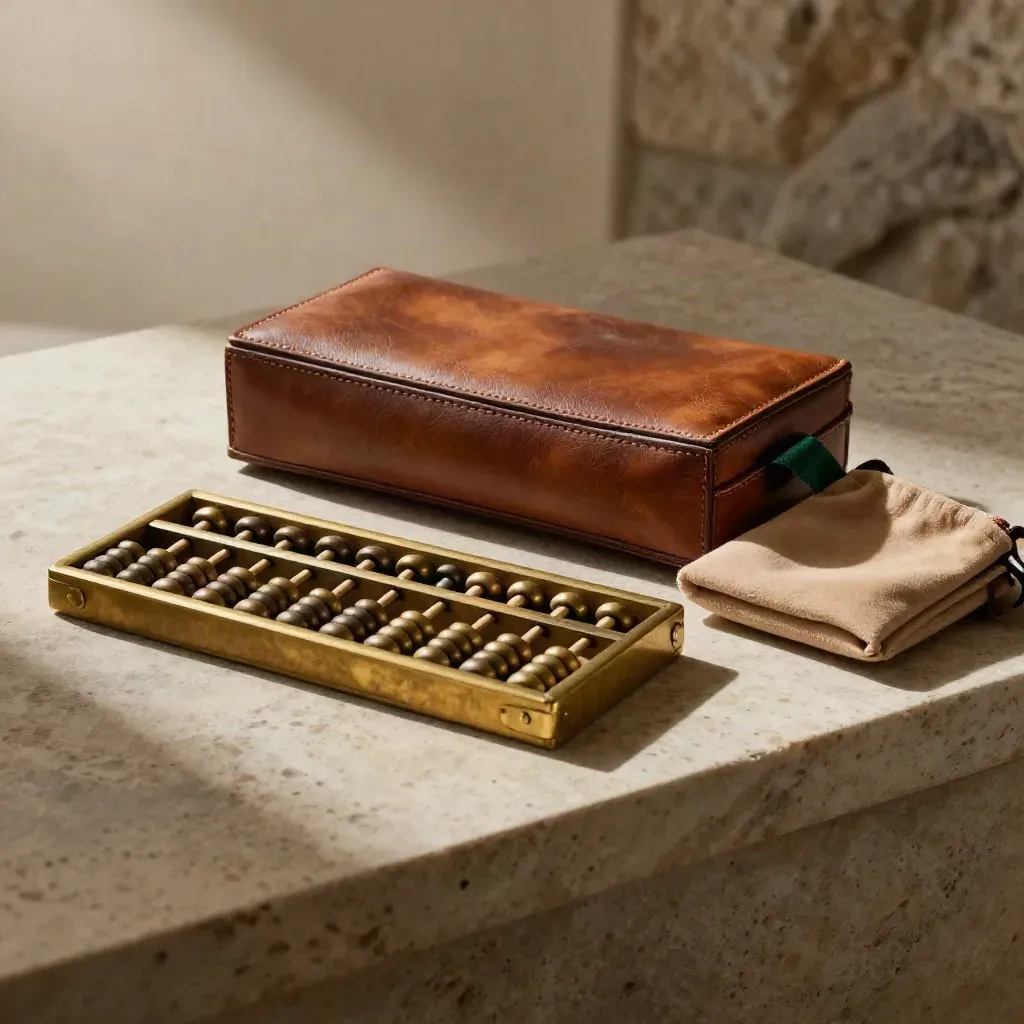 Brass abacus, leather pouch and travel case on limestone ledge in warm editorial light.