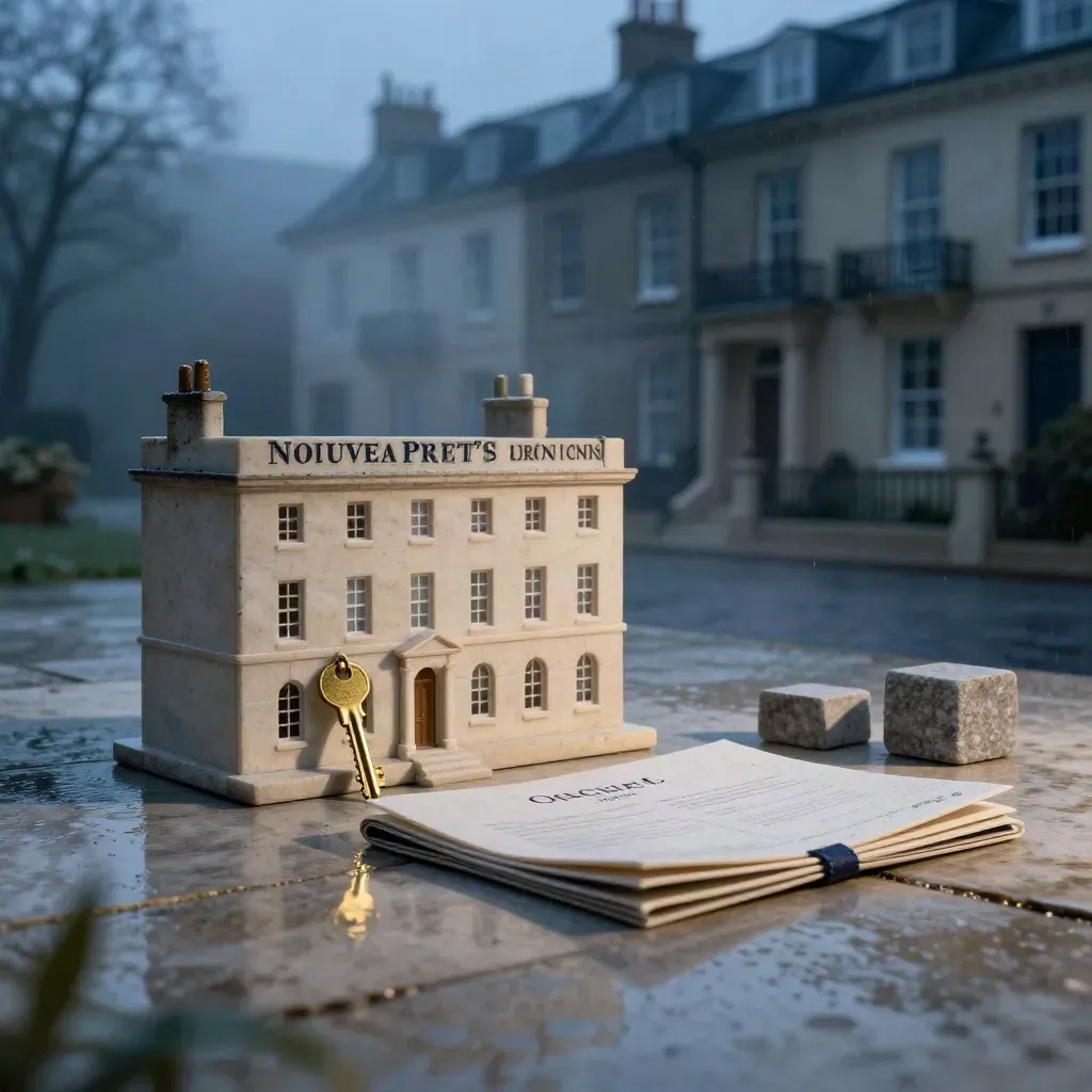 Limestone townhouse maquette, brass key and loan folder on wet stone in blue-hour mist