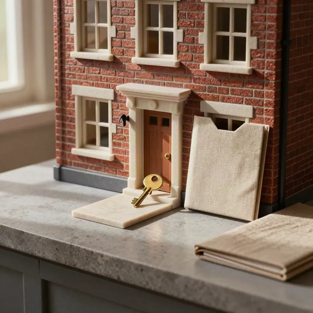 Brick townhouse model with brass key, stone sample and linen folder on a stone counter