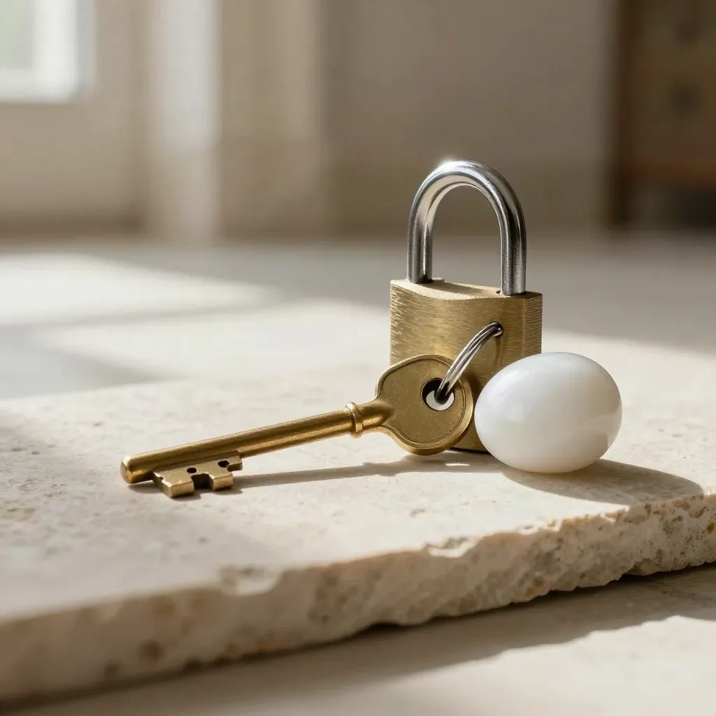 Brass key, padlock, and white weight stone on pale stone in soft daylight