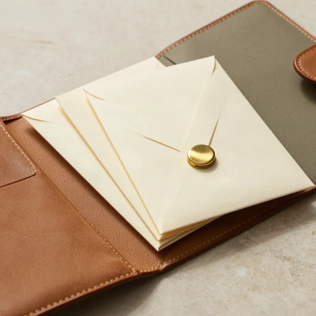 Sealed envelopes slide into a leather binder with a brass clip on pale stone.