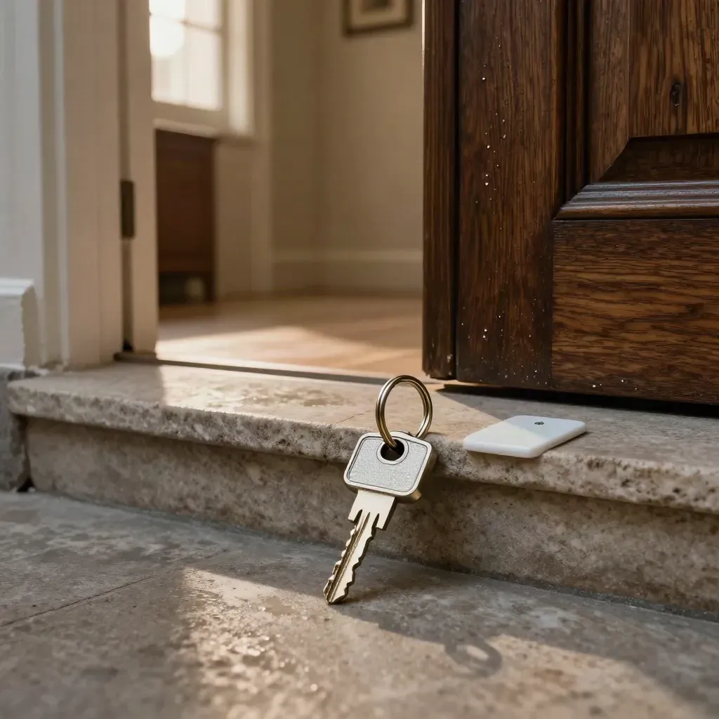 Low-angle view of apartment keys, new door plate and stone threshold in warm post-rain light