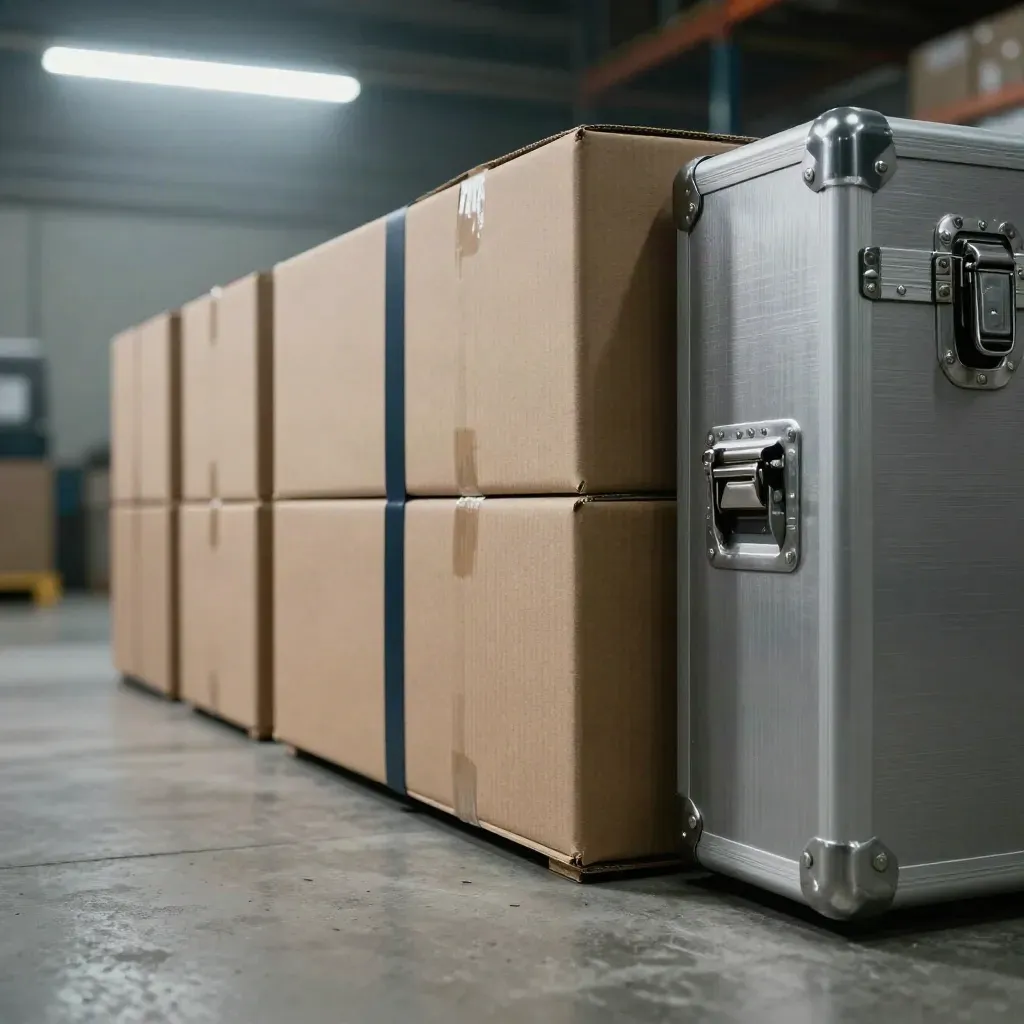 Extreme macro of cartons, a metal cash case, and a glowing warehouse aisle ready for dispatch.