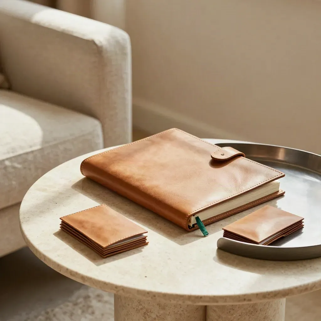Leather ledger binder, three closed card sleeves and tray on a sunlit travertine side table.