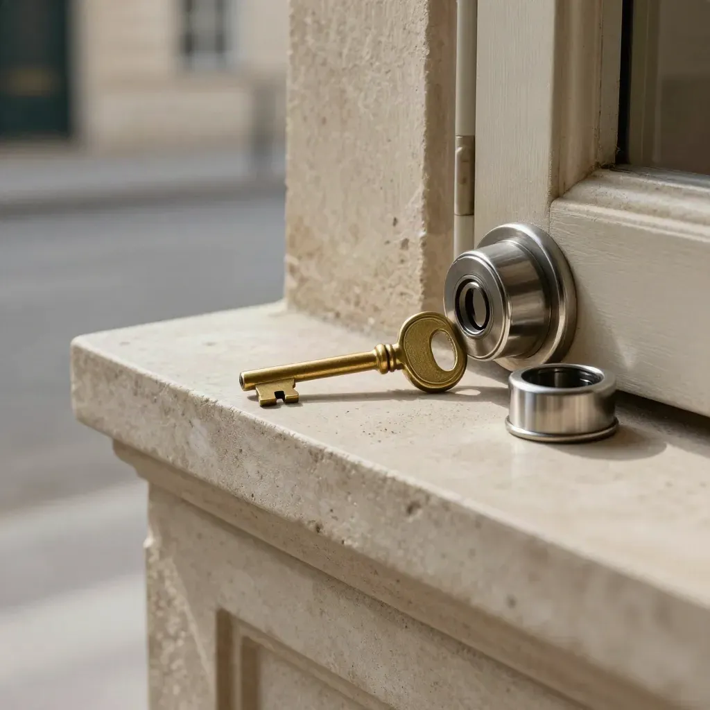 Brass key beside a new lock cylinder on a Paris limestone sill with soft courtyard haze.