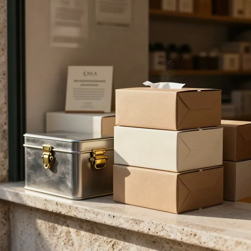 Retail boxes and locked cash tin on a stone counter in warm Lisbon light