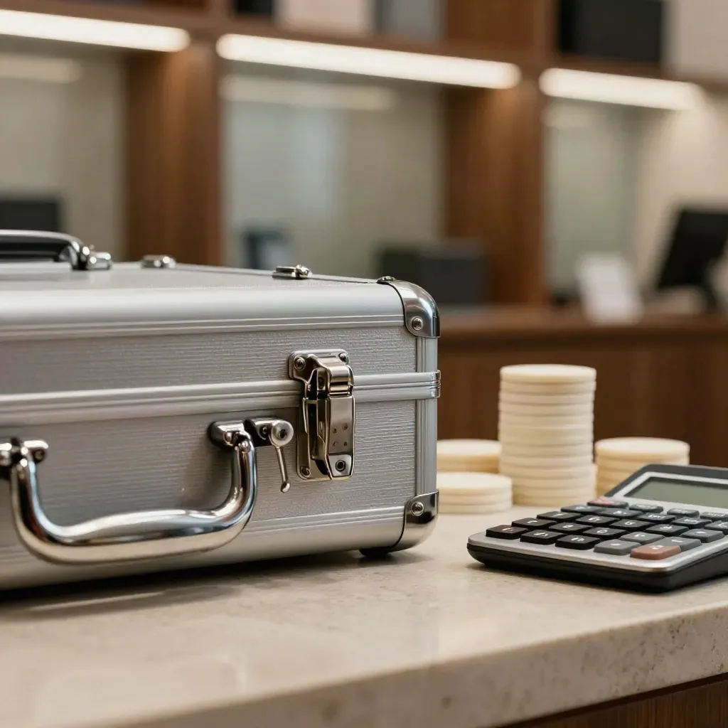 Briefcase latch, calculator and tally chips on a stone counter, secured in a finance workspace.