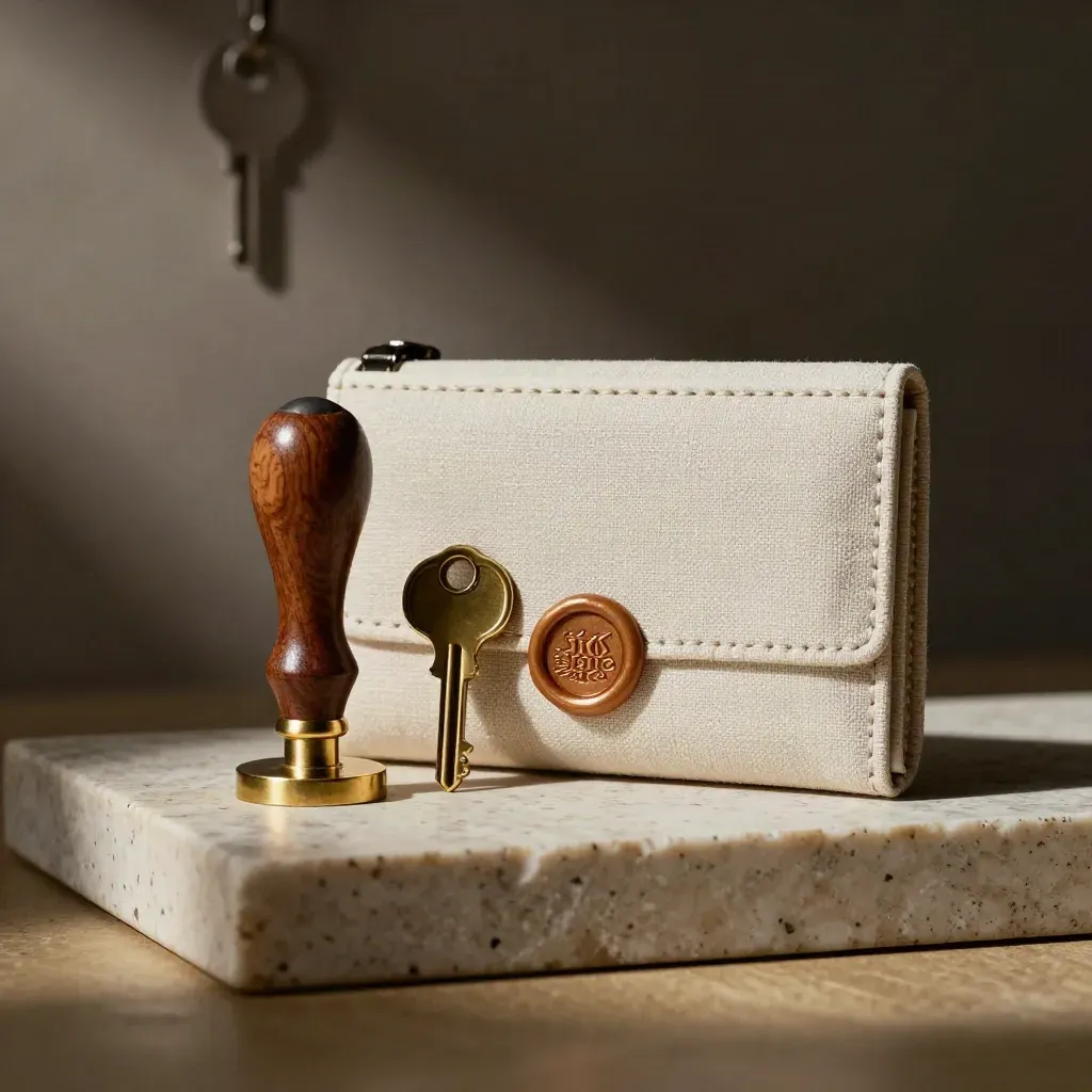 Brass key, wax stamp and linen wallet on travertine in a dramatic finance still life.