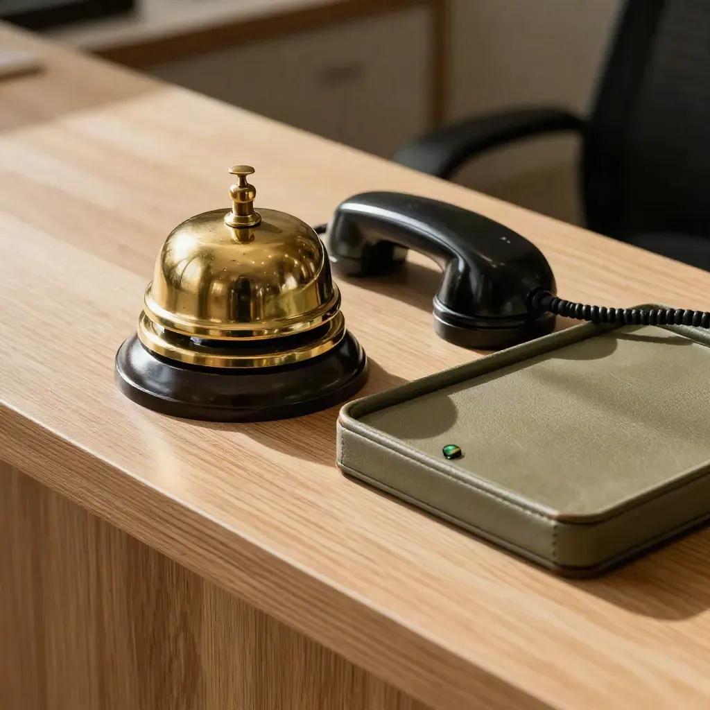 Brass desk bell, handset cradle, and olive inbox tray on a warm oak counter.