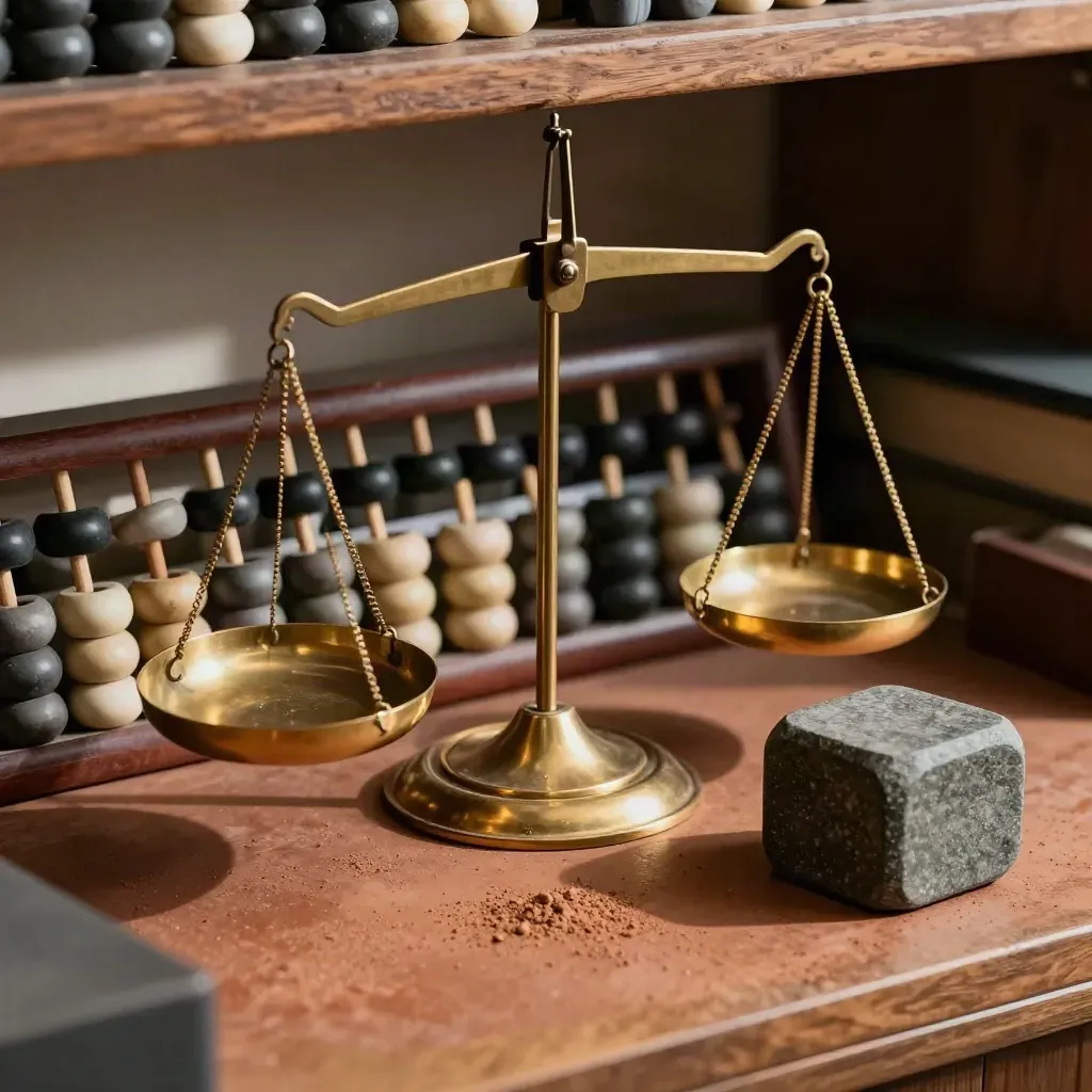 Brass balance scale, abacus beads and stone weight on terracotta slab in soft daylight