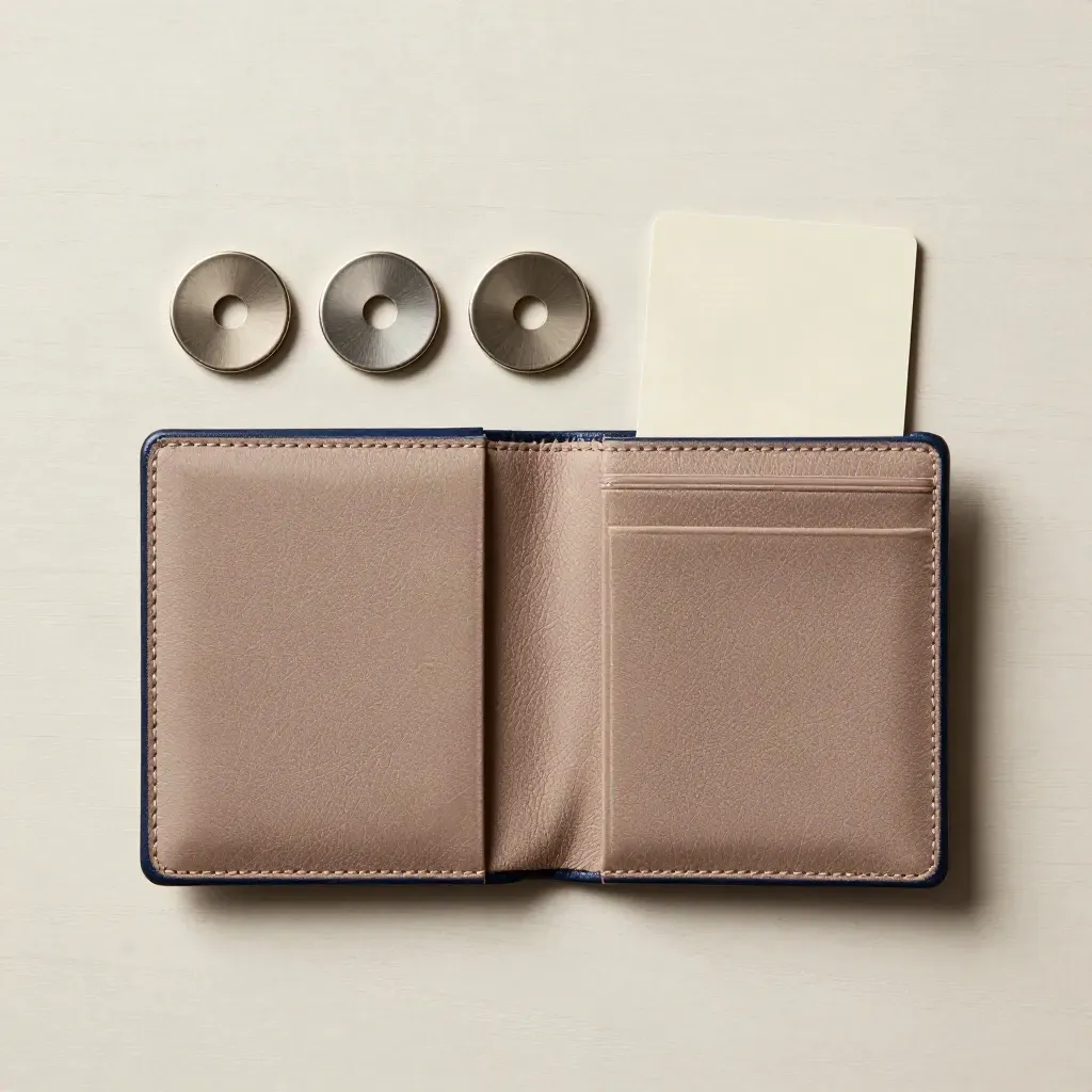 Passport wallet, four tokens, and blank key card on pale wood flatlay.