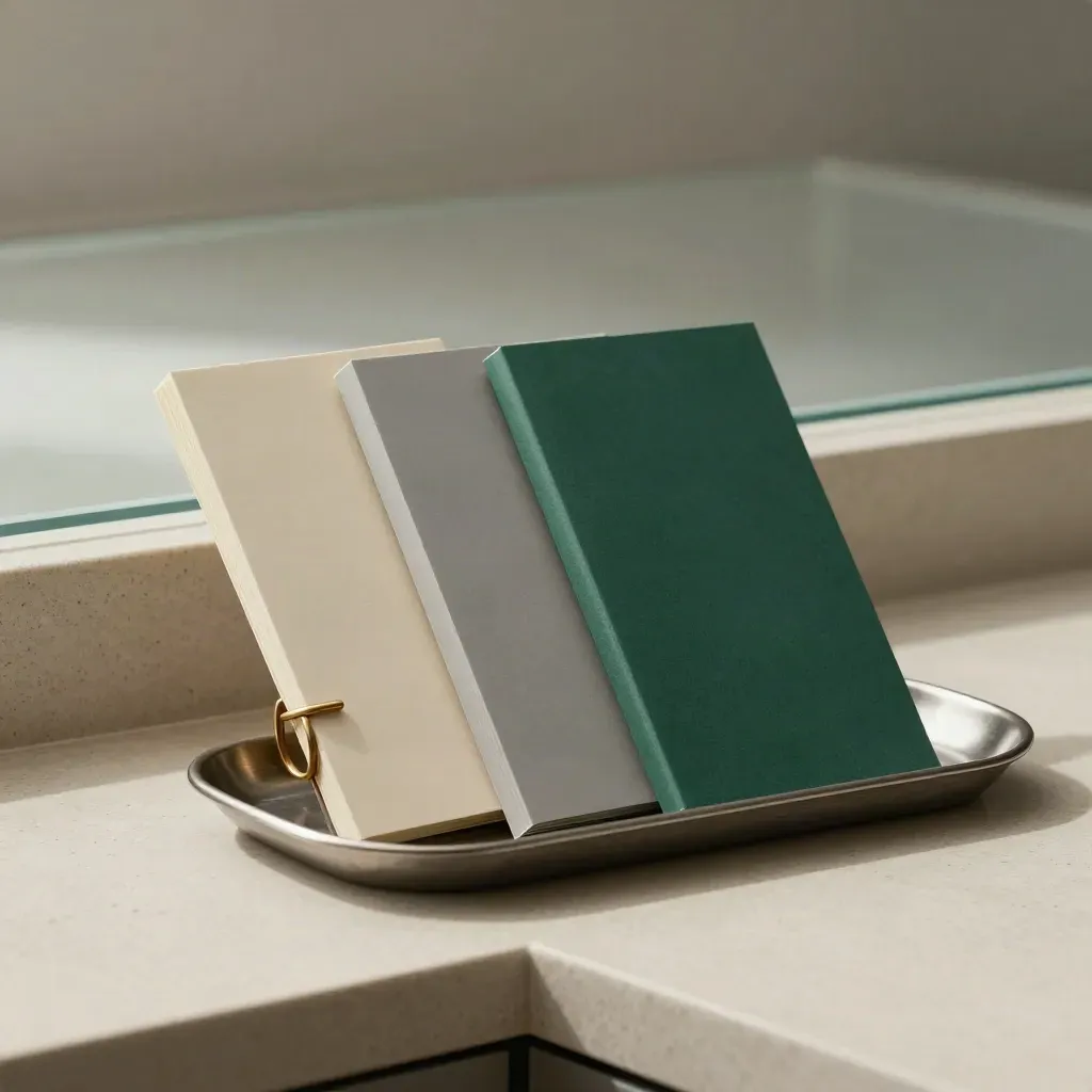 Three file sleeves in a tray with brass ring on a pale plaster ledge, softly lit