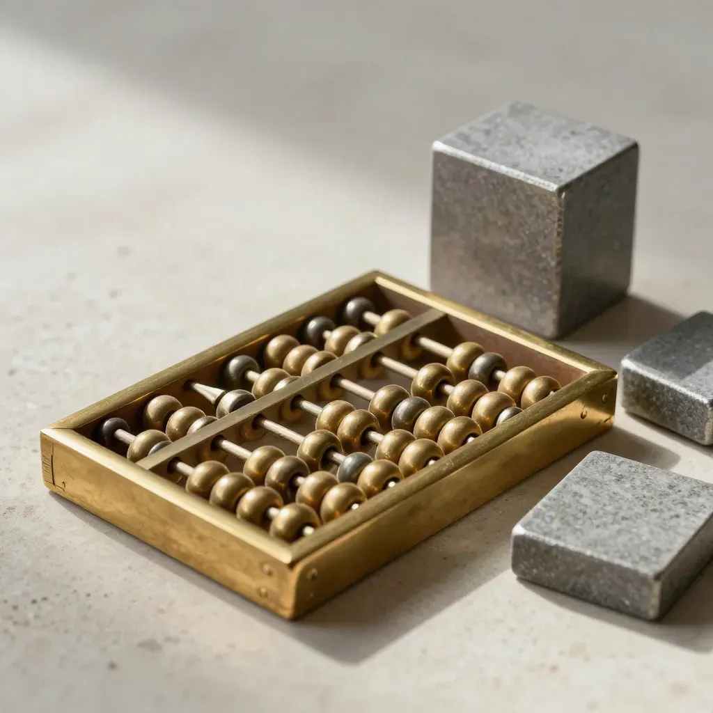 Brass abacus and silver count blocks on stone, split beads suggesting comparison.