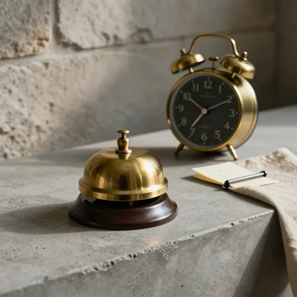 Brass bell, clock, and appointment tab on concrete, lit by soft morning light.