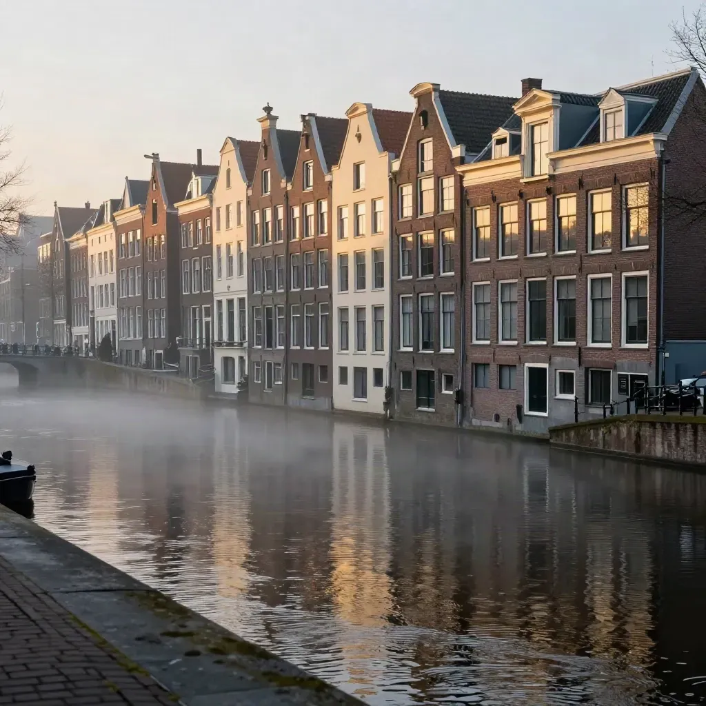 Amsterdam canal houses over a misty canal at dawn, gold light on rooftops