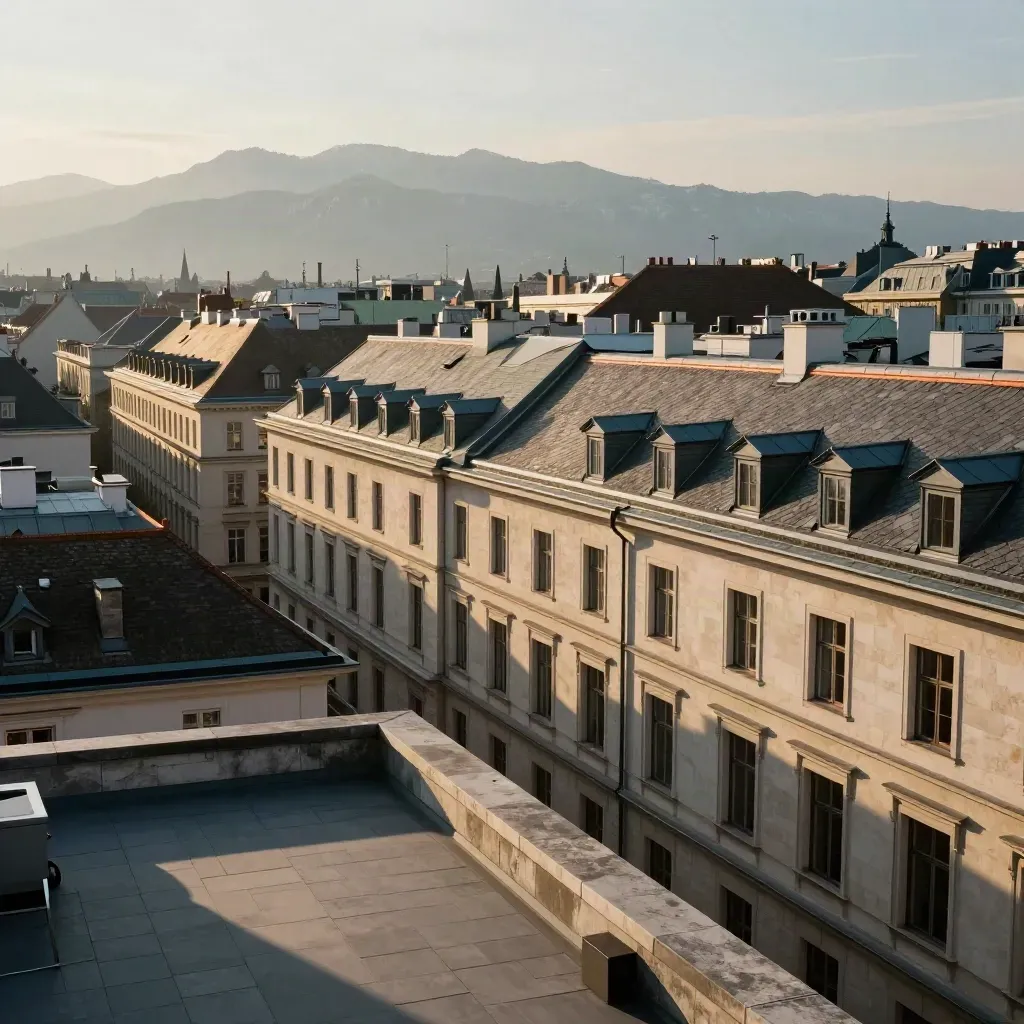 Vienna rooftop skyline in warm haze with pale stone facades and faint Alpine edge