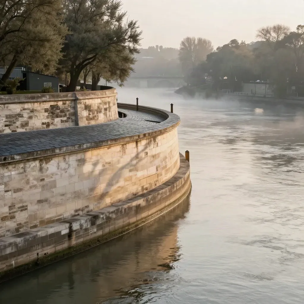Bordeaux limestone quays above a calm sunrise river bend with slate rooftops