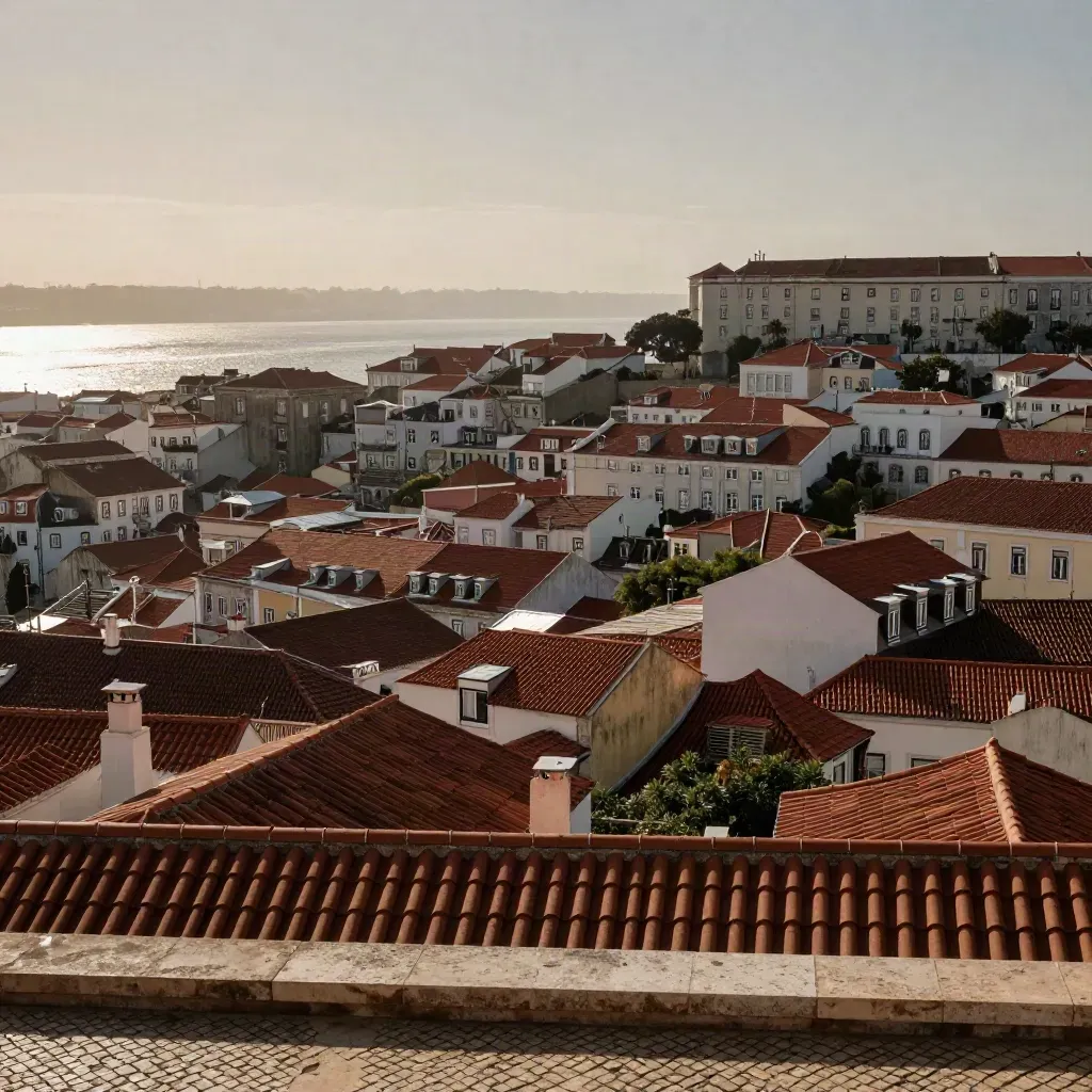 Lisbon terracotta hills glow above a hazy river and pale ocean horizon at dusk